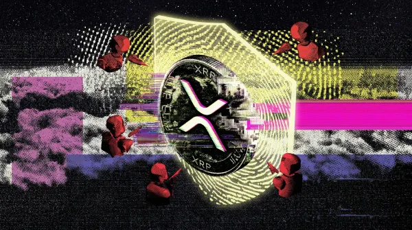 Glitch-style artwork showing the XRP coin surrounded by red hacker figures and a fingerprint scanner, representing cybersecurity threats to blockchain networks.