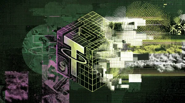 Abstract digital illustration of the TRON logo surrounded by circuit patterns and dollar symbols in green and pink tones.