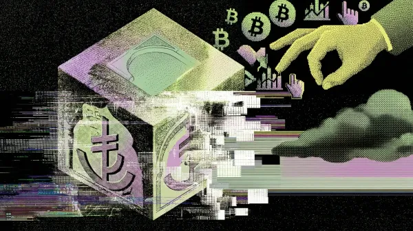 Glitch-style illustration of currency symbols and Bitcoin icons breaking apart from a financial block, representing Turkey pulling a proposed crypto tax plan after industry backlash.