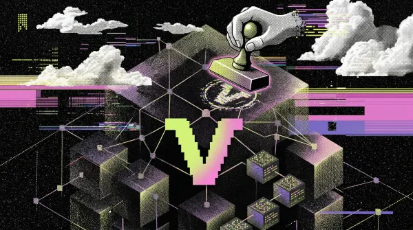 Hand placing a Visa stamp onto a blockchain network grid with connected nodes and data blocks.