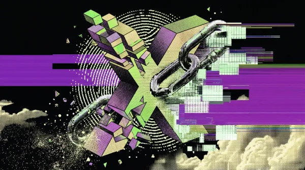 Glitch-art illustration of a stylised X shape constructed from green and purple geometric blocks, connected to a chain link, with purple data streaks and pixel distortion.