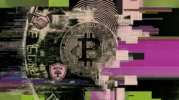 Illustration of a Bitcoin coin alongside a 401(k) retirement symbol and handshake icon, representing a proposed U.S. Labor Department rule that may permit Bitcoin in retirement plans.