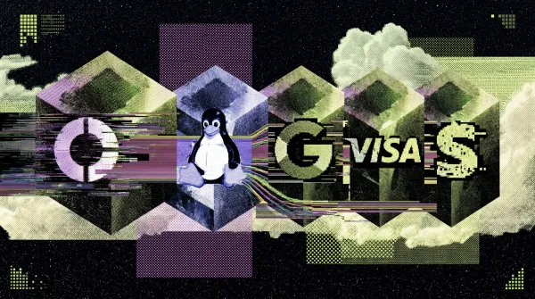 Illustration of the Linux penguin with blockchain cubes and payment symbols, representing Coinbase’s x402 AI payments protocol joining the Linux Foundation.