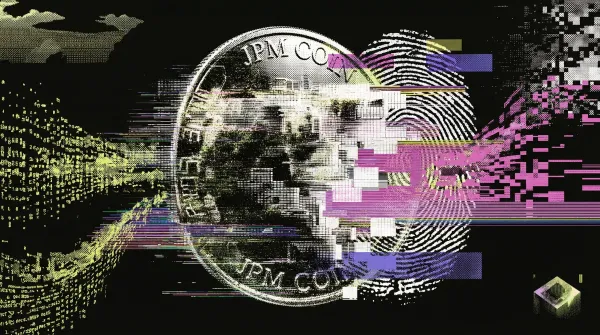 Illustration of a JPM Coin with digital data streams and a fingerprint graphic, representing Argentine banks testing JPMorgan’s blockchain settlement token.