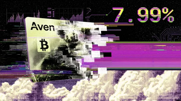 Stylized image of an Aven Bitcoin card with glitch effects and “7.99%” text, representing a BTC-backed Visa card offering loans against Bitcoin holdings.