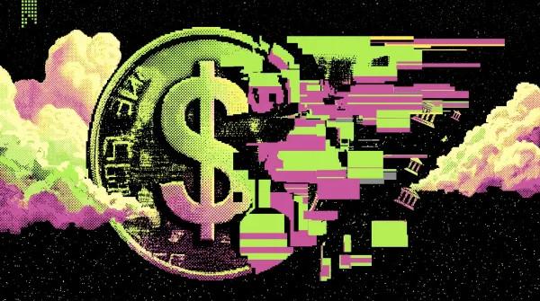 Stylised graphic of a large dollar coin breaking apart into digital fragments, representing BIS concerns over the risks dollar stablecoins could pose to banks and financial stability.