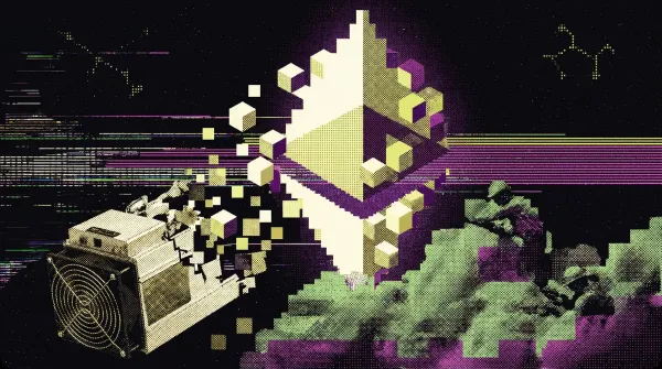 Digital illustration showing an Ethereum logo emerging from a Bitcoin mining machine, symbolising Bit Digital’s transition from Bitcoin mining to Ethereum staking.