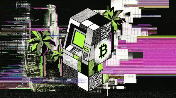 Stylised digital illustration of a Bitcoin ATM with a Bitcoin logo, palm trees, and the Los Angeles skyline in a black, neon green, and magenta glitch-art design.