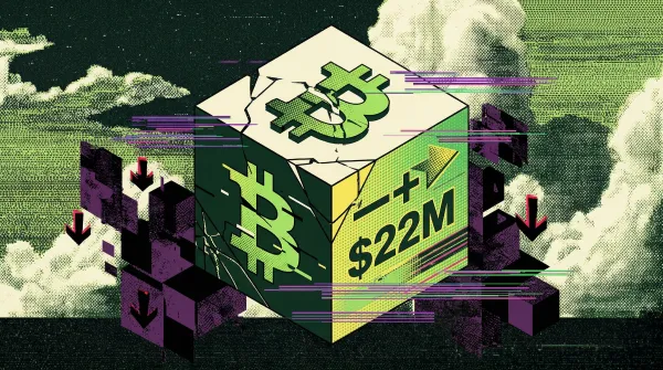 : Illustration of a Bitcoin cube showing positive $22M inflows surrounded by falling blocks representing altcoin ETF outflows during extreme fear market conditions.