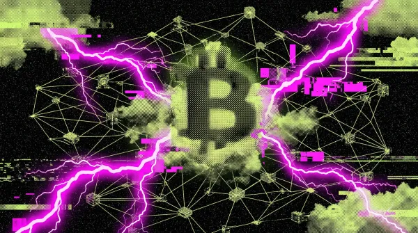 Illustration of Bitcoin symbol surrounded by lightning bolts and network nodes representing the Lightning Network's growth in transaction volume and merchant adoption.