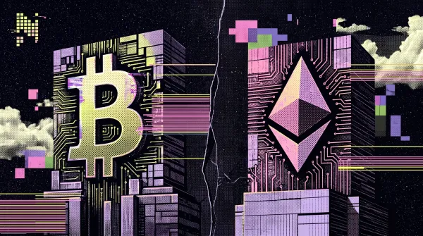 Illustration showing the Bitcoin and Ethereum logos on separate buildings connected by digital circuitry, representing a comparison between Bitcoin ETFs and Ethereum ETFs.
