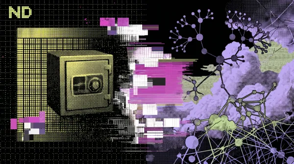 Illustration showing a crypto vault safe and a network of connected nodes, representing the difference between centralized exchanges (CEX) and decentralized exchanges (DEX).