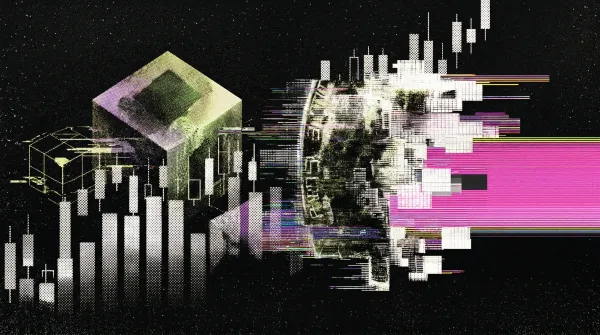 Illustration of cryptocurrency candlestick charts and digital blocks forming a Bitcoin shape, representing trading volume indicators used to predict crypto price movements.