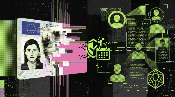 Stylised illustration of an EU ID card breaking into digital icons for user profiles, verification and data systems, representing concerns over the EU age-check app and wider online tracking.