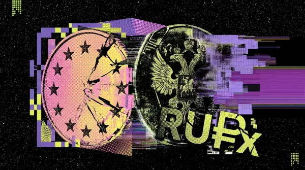 Illustration of a cracked euro coin colliding with a Russian ruble symbol, with glitch effects, representing EU sanctions targeting Russian crypto platforms.