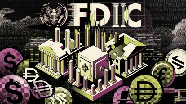 Illustration of the FDIC seal above bank buildings and currency symbols, representing new stablecoin rules allowing U.S. banks to enter the market.