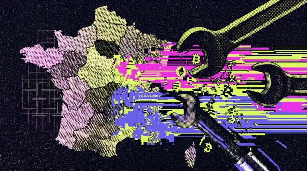 Illustration of a map of France with large tools and glitch effects alongside Bitcoin symbols, representing law enforcement action against crypto related crime.
