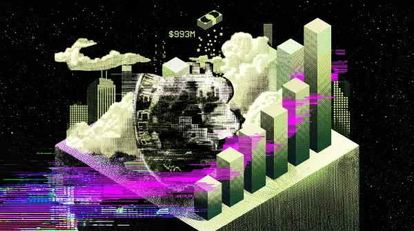 Illustration of a large Bitcoin symbol beside rising bar charts and a $993M figure, representing strong ETF inflows led by BlackRock’s IBIT fund.