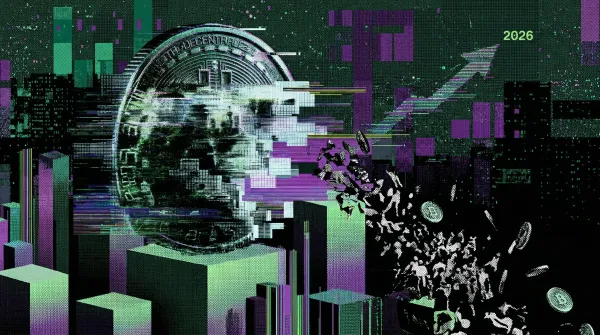 Illustration of a large Bitcoin breaking apart over a city skyline with coins scattering, symbolizing institutional dominance and falling retail inflows in crypto.