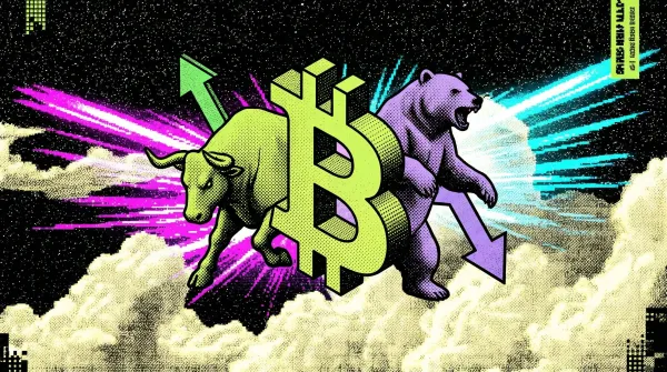 Illustration of a bull and a bear flanking a Bitcoin symbol with upward and downward arrows, representing the conversation over how to tell if the crypto market is in a bull or bear phase.