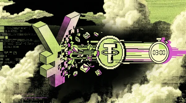 Digital illustration showing a Japanese yen symbol transforming into a stablecoin with a three-minute timer, representing banks using stablecoins to speed up payments.