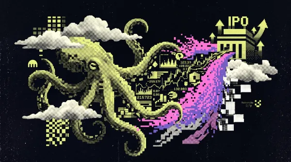 Illustration of a giant octopus surrounding financial charts and an IPO building icon, symbolizing Kraken’s exchange expansion, valuation analysis, and its potential public listing.