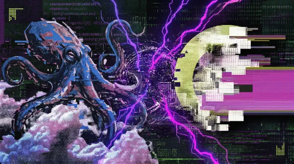 Stylised graphic showing an octopus facing a pixelated coin amid purple lightning and code, representing a Kraken vs Coinbase crypto exchange comparison.