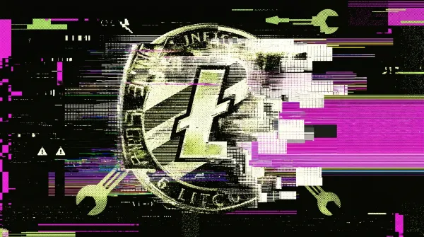 Glitched Litecoin coin graphic with magenta and green distortion lines, warning icons and repair tools around it.