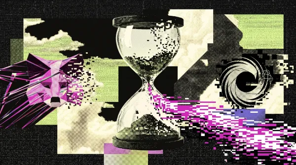 Stylised illustration featuring the MetaMask fox, an hourglass and a fragmented circular symbol, used to represent Dan Finlay’s departure from Consensys after more than 10 years.