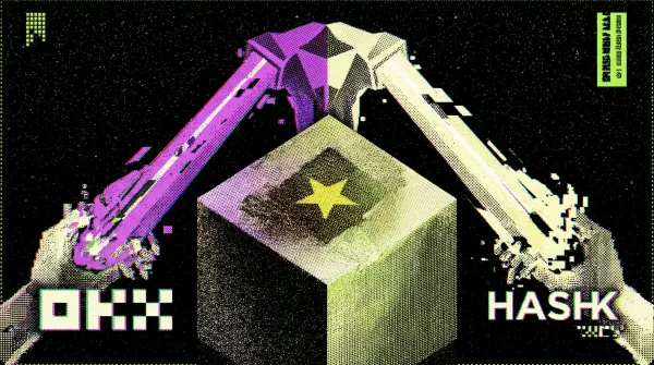 Stylised graphic showing OKX and HashKey logos on robotic arms above a cube marked with a yellow star representing Vietnam.