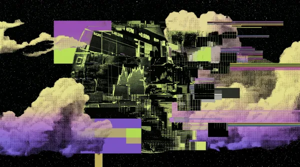 Stylised graphic showing a trading screen and market chart breaking into digital fragments, representing Polymarket’s reported fundraising push and the rise of prediction markets.