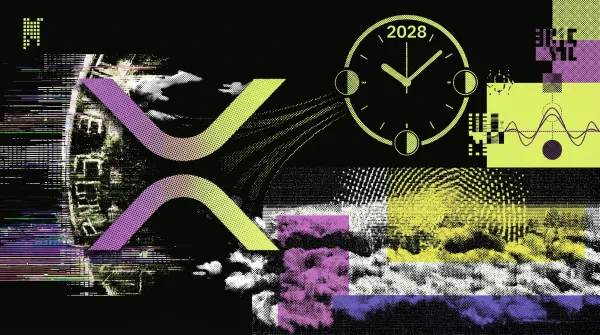 Stylised graphic showing the XRP logo beside a clock marked 2028 and wave-like data graphics, representing Ripple’s plan to make the XRP Ledger quantum-safe by 2028.