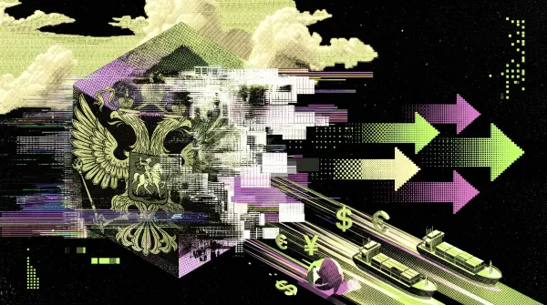 Stylised illustration of Russia’s coat of arms, cargo ships, currency symbols and directional arrows, representing Russia’s push to use crypto in foreign trade settlements.