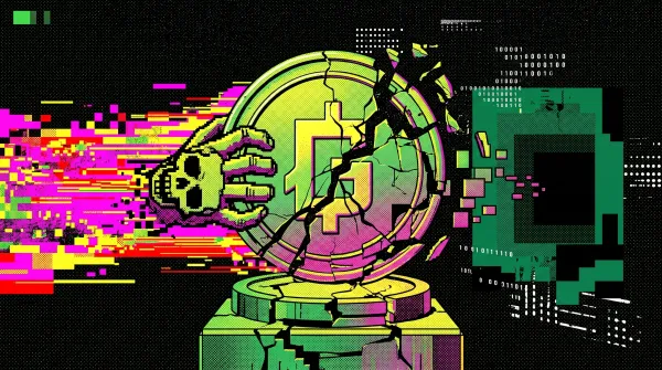 Illustration of a cracked crypto coin on a pedestal with a pixelated skull and glitch effects, representing the $14 million Grinex hack.