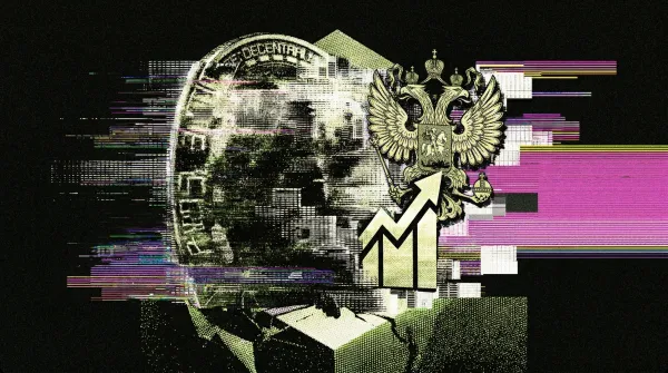 Illustration of a Bitcoin coin and Russian double-headed eagle with an upward chart, representing Russia's move to legalize crypto trading.