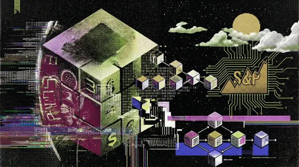 Illustration of financial cubes, blockchain nodes, and the S&P symbol connected through digital networks, representing S&P placing its US Treasuries index on-chain through tokenisatio