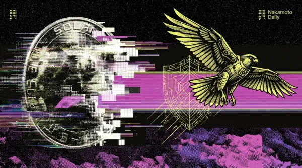Stylized image of a Solana coin and a falcon in flight with digital glitch effects, symbolizing the network adopting Falcon signatures to defend against quantum computing threats.