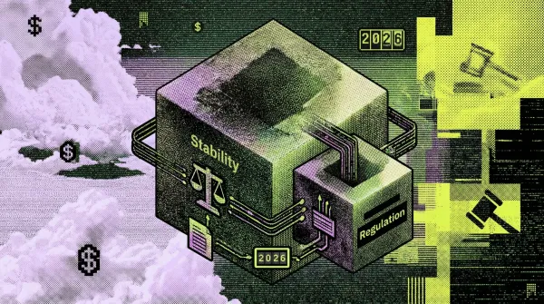 Illustration of a system labelled stability and regulation connected to dollar symbols, representing stablecoin regulation.
