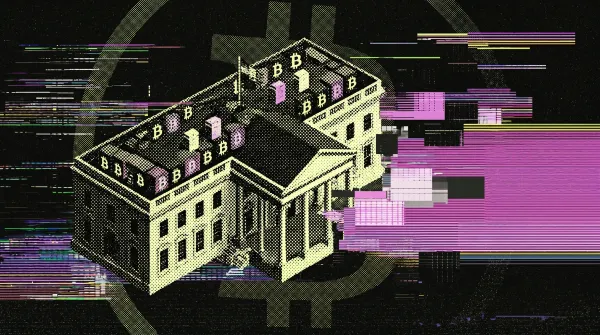 Illustration of the White House embedded with Bitcoin symbols and digital glitch effects, representing an upcoming US announcement on a strategic Bitcoin reserve.