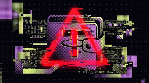 Illustration of a USDT symbol inside a lock with a red warning triangle, surrounded by digital code, representing Tether freezing funds in a major enforcement action.