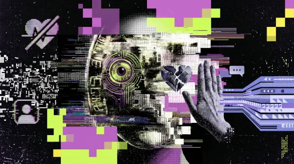 Stylised graphic showing a digital eye, a broken heart, a raised hand and identity icons, representing Tinder and Zoom using World ID eye scans to verify real users and combat AI fakes.