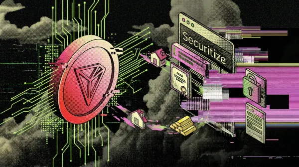 Stylised graphic showing a TRON coin connected to Securitize-branded screens, documents, houses, gold bars and a padlock, representing tokenized real-world assets on the TRON network.