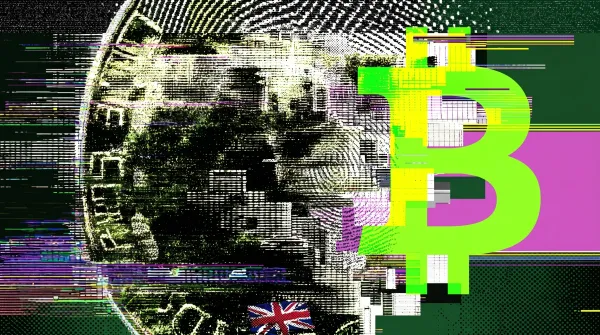 Glitch-art image of a British pound coin overlaid with a green Bitcoin symbol and a Union Jack flag