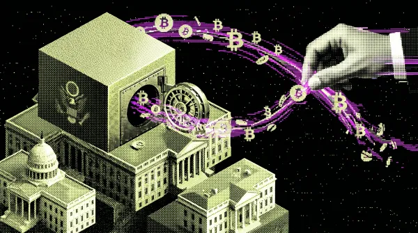 Illustration of government buildings, an open vault and bitcoin symbols flowing toward a hand, representing seized Bitfinex hack bitcoin moving to Coinbase Prime.
