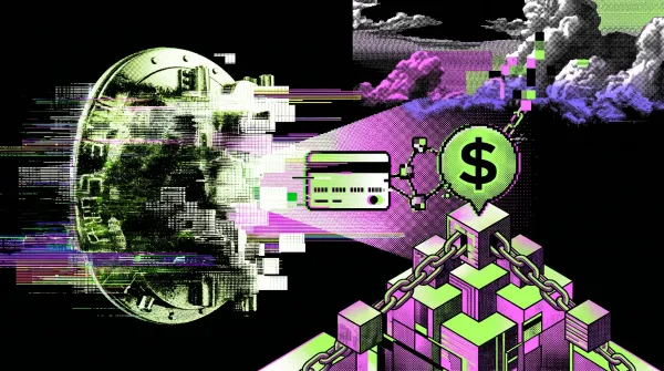 Stylized image of a digital coin, payment card and blockchain blocks linked by chains, representing Visa partnering with WeFi to build onchain banking and payments.