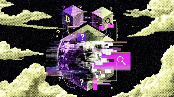 Abstract illustration of a blockchain base layer with Bitcoin symbol and connected cubes, representing layer-1 networks underpinning crypto systems.