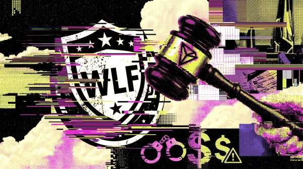 Illustration of a judge’s gavel with an Ethereum logo striking near a WLF shield emblem, with glitch effects and dollar symbols, representing a crypto lawsuit involving seized tokens.