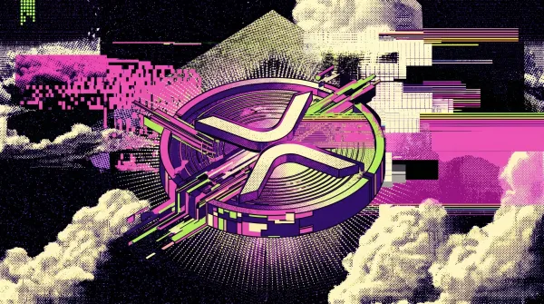Stylized illustration of the XRP cryptocurrency logo on a digital coin surrounded by glitch effects and clouds, representing XRP’s price rise and growing adoption in payments.