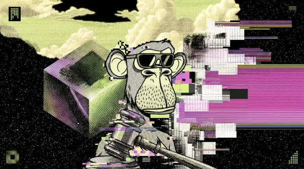 Illustration of a Bored Ape-style character and gavel, representing the legal settlement between Yuga Labs and Ryder Ripps.