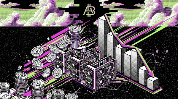 Stylized glitch graphic of Bitcoin mining rigs surrounded by BTC and dollar coins beside a downward-trending bar chart, representing falling mining costs and improved operational efficiency.